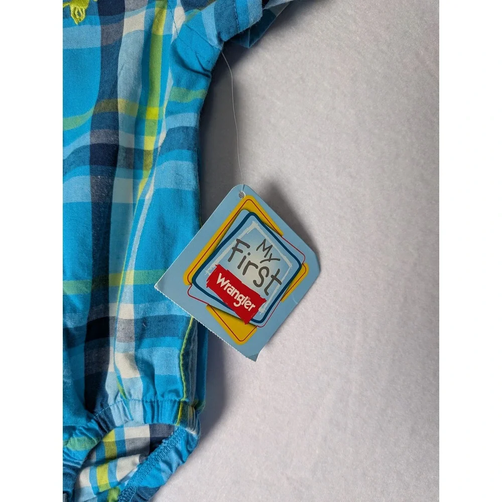 Wrangler Baby‎ Boys Turquoise Blue Plaid Short Sleeve Bodysuit Romper 12M NWT
